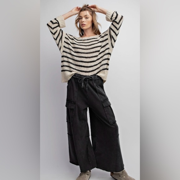 Easel Mineral Wash Wide Leg Raw Hem Pockets Cargo Pants Black Charcoal S - Picture 1 of 16